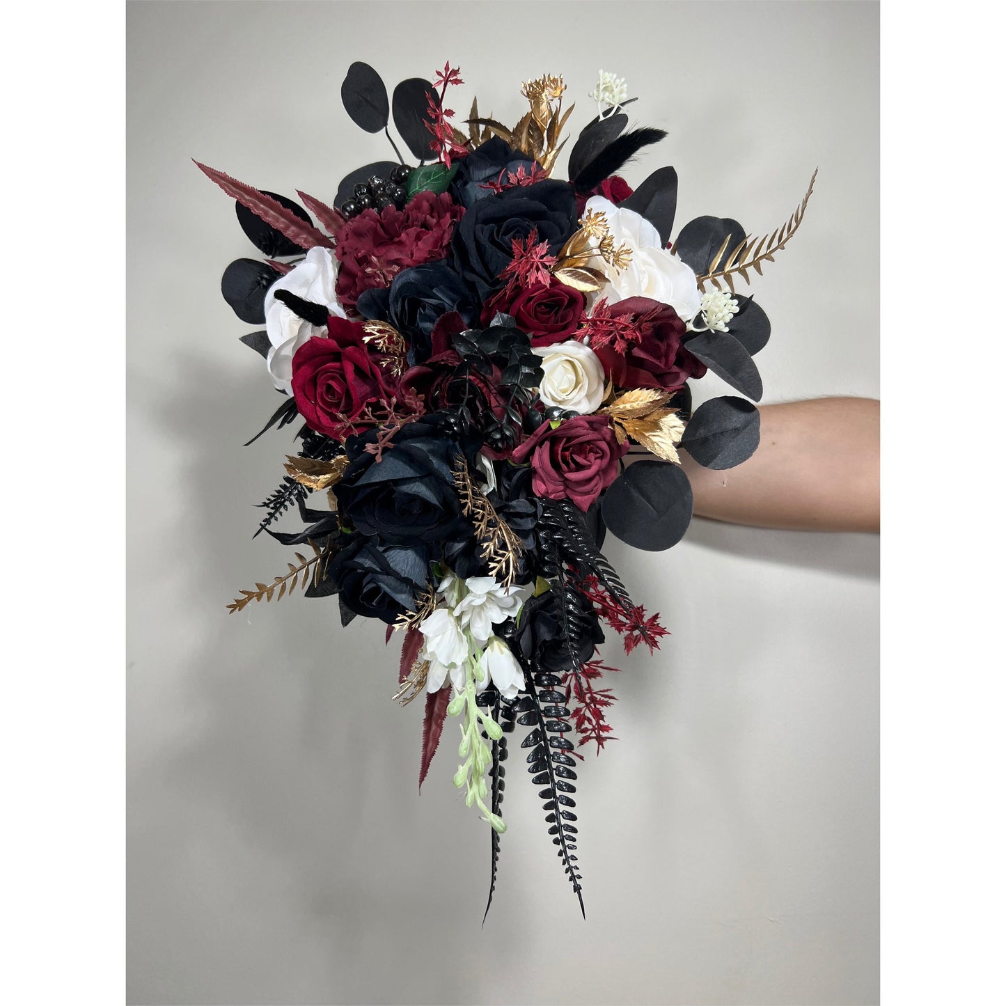 Wedding Cascade Bouquet Burgundy Black White Halloween Bridesmaid Bridal Cascading Bouquet Gothic Wedding Gold Bouquet Flower Artificial