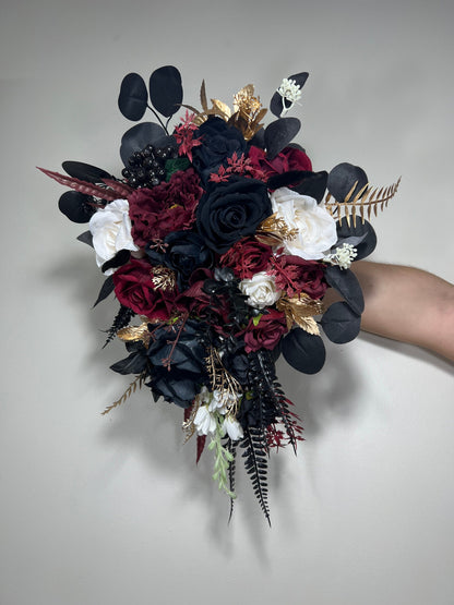 Wedding Cascade Bouquet Burgundy Black White Halloween Bridesmaid Bridal Cascading Bouquet Gothic Wedding Gold Bouquet Flower Artificial