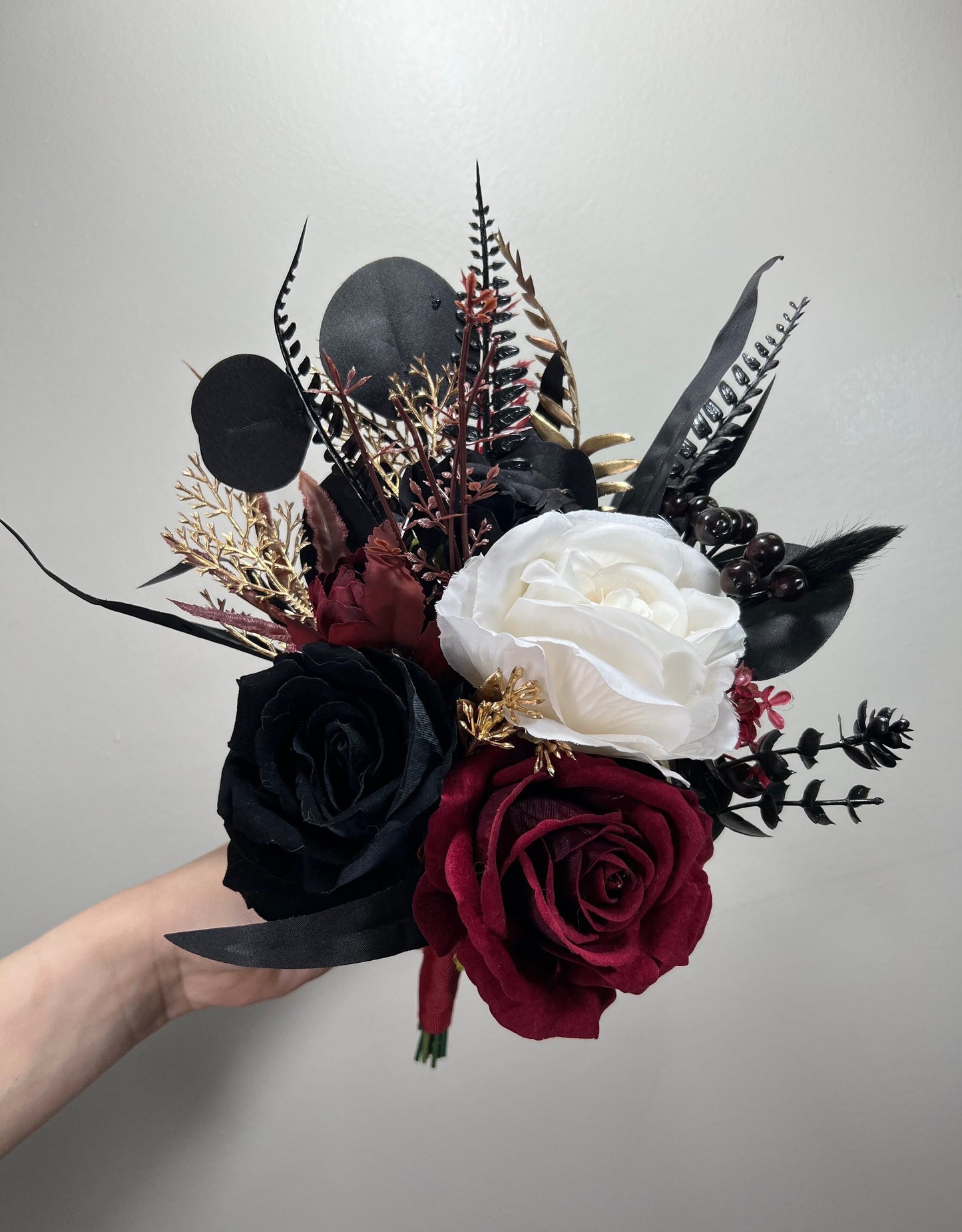 Wedding Cascade Bouquet Burgundy Black White Halloween Bridesmaid Bridal Cascading Bouquet Gothic Wedding Gold Bouquet Flower Artificial