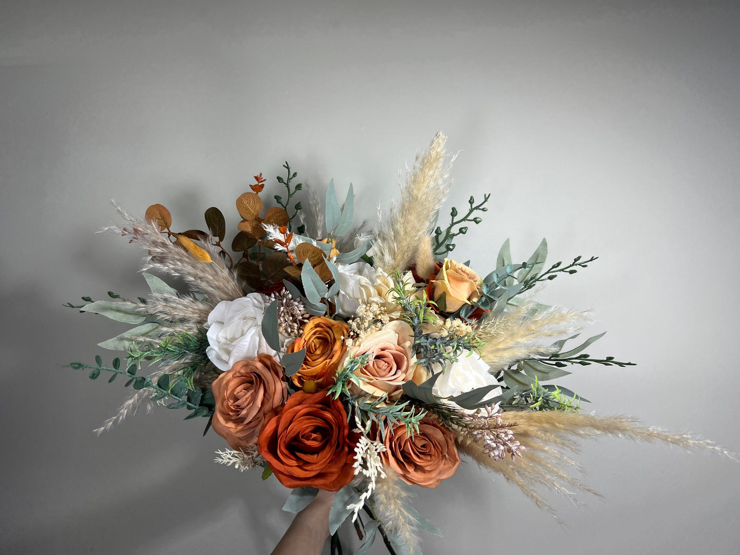 Wedding Bouquet Terracotta Rust Burnt Orange Bouquet Brida Ivory Fall Eucalyptus Baby Breath Cinnamon Rose Pampas Grass Artificial Flower