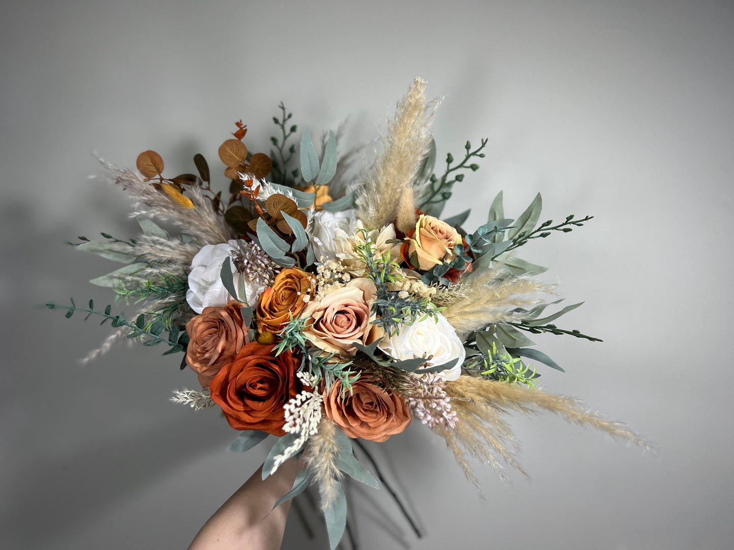 Wedding Bouquet Terracotta Rust Burnt Orange Bouquet Brida Ivory Fall Eucalyptus Baby Breath Cinnamon Rose Pampas Grass Artificial Flower