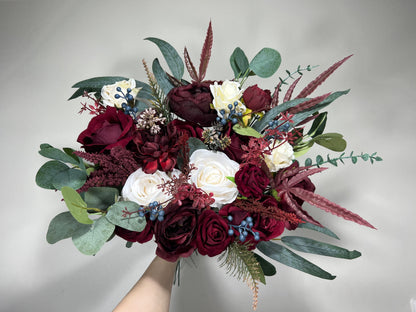 Wedding Bouquet Burgundy Bridal Red Rustic Navy Blue Bouquet Burgundy Bridesmaids White Decor Eucalyptus Dahlia Peony Wedding Ivory