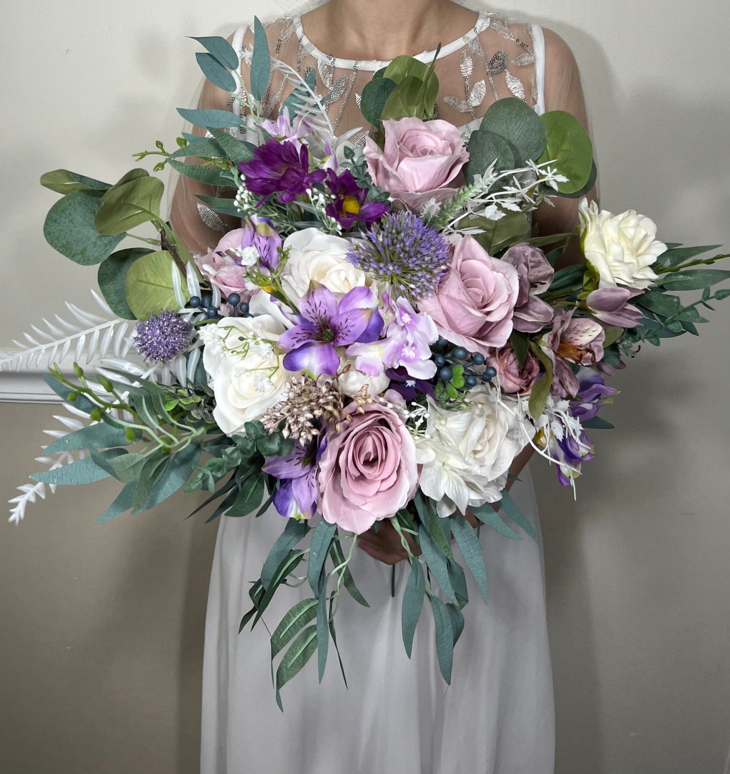 Wedding Bouquet Lavender Bridal Purple Rustic Violent Bouquet Plum Bridesmaids Lilac Decor Eucalyptus Rose White Wild Flowers Artificial