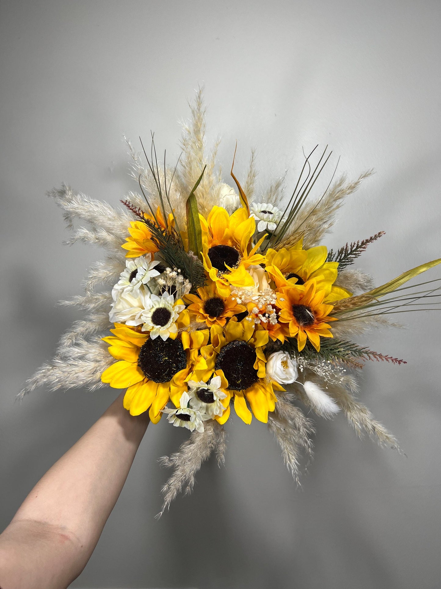 Wedding Bouquet Sunflower Boho Bridal Sunflower Wedding White Fall Decor Ivory Yellow Artificial Flowers Yellow Baby Breath Pampas Grass