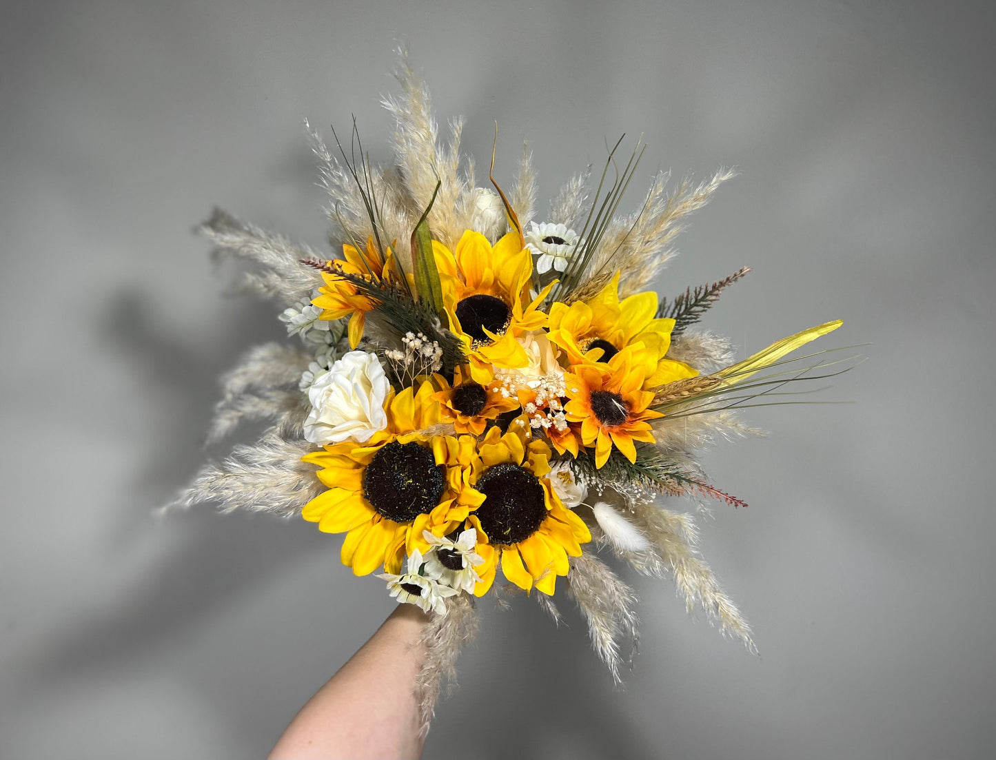 Wedding Bouquet Sunflower Boho Bridal Sunflower Wedding White Fall Decor Ivory Yellow Artificial Flowers Yellow Baby Breath Pampas Grass