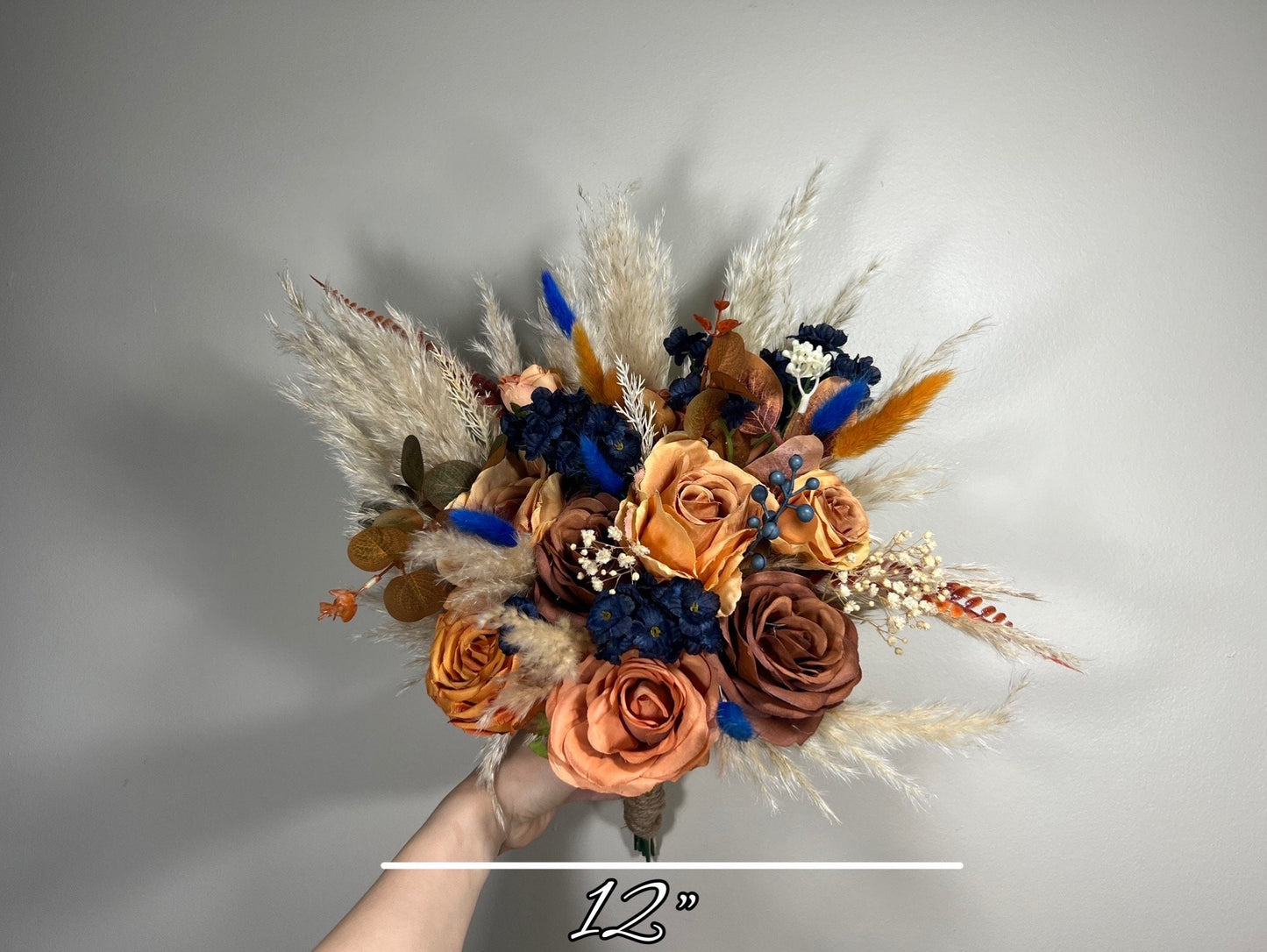 Wedding Bouquet Navy Blue Terracotta Boho Bridal Rust Wedding Burnt Orange Brown Pumpkin Decor Handmade Artificial Flower Pampas Grass