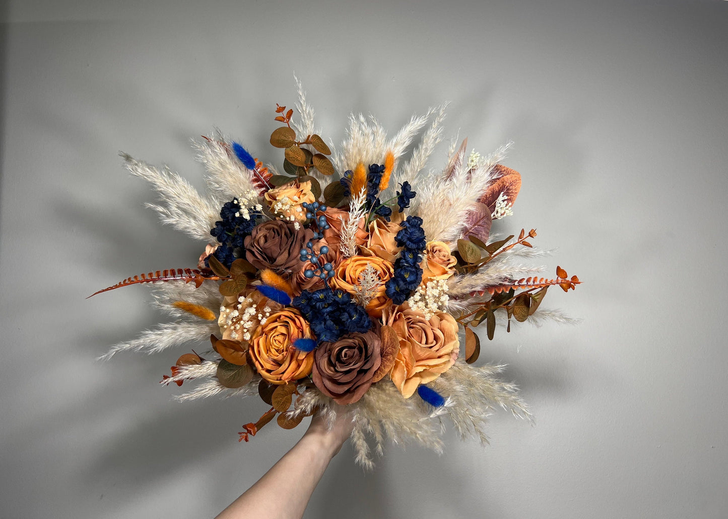 Wedding Bouquet Navy Blue Terracotta Boho Bridal Rust Wedding Burnt Orange Brown Pumpkin Decor Handmade Artificial Flower Pampas Grass