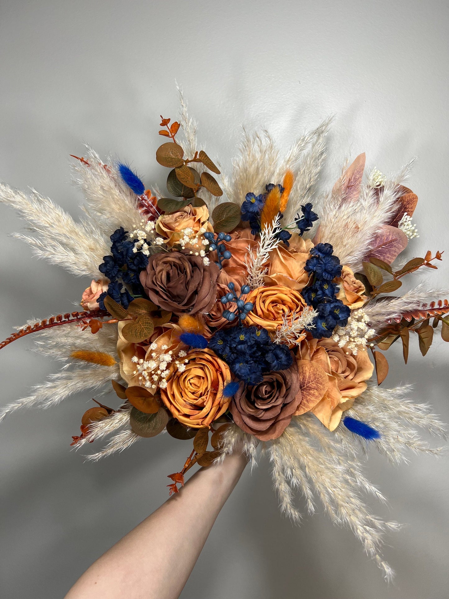 Wedding Bouquet Navy Blue Terracotta Boho Bridal Rust Wedding Burnt Orange Brown Pumpkin Decor Handmade Artificial Flower Pampas Grass