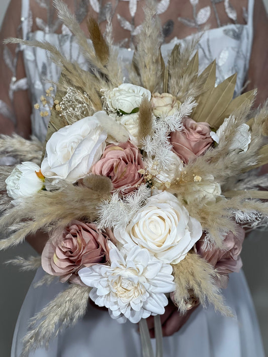 Wedding Bouquet Boho Bridal White Dusty Rose Bouquet Pampas Grass Bridesmaids Decor Palms Leaves Handmade Ivory Artificial Faux Flower