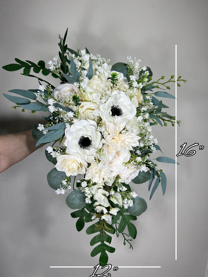 Wedding Cascade Bouquet Anemone White Baby Breath Cascading Bridal Wedding Anemone Bouquet Ivory Sage Classic Eucalyptus Artificial Flower