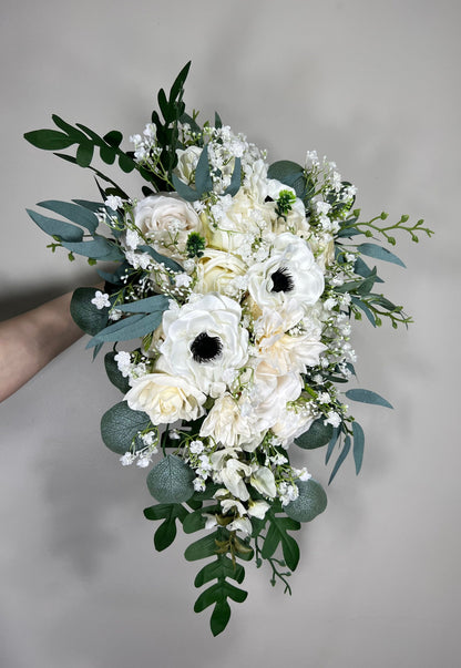 Wedding Cascade Bouquet Anemone White Baby Breath Cascading Bridal Wedding Anemone Bouquet Ivory Sage Classic Eucalyptus Artificial Flower