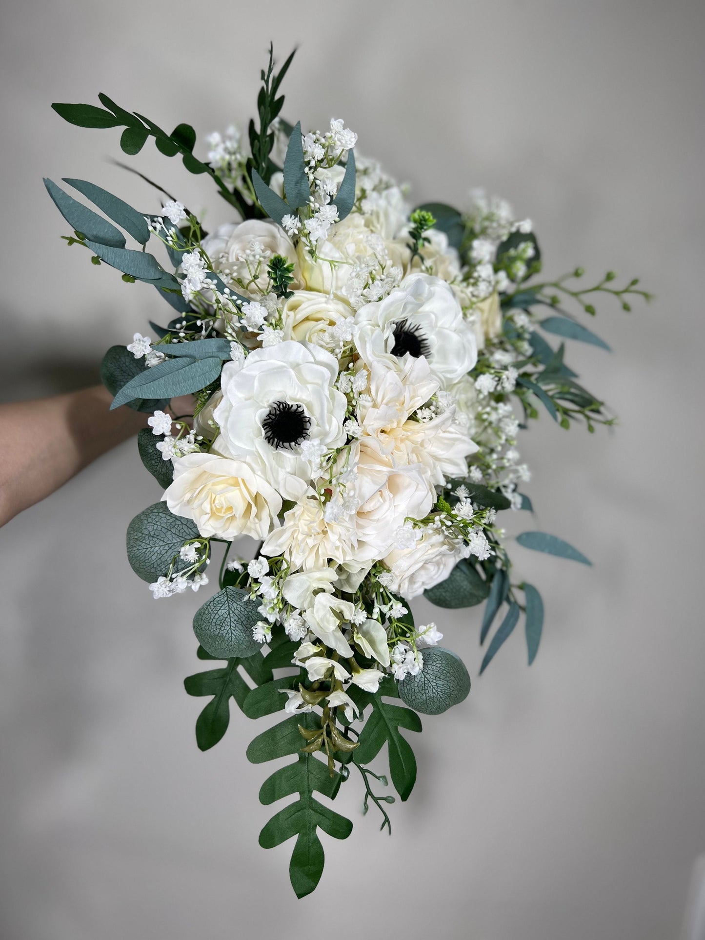 Wedding Cascade Bouquet Anemone White Baby Breath Cascading Bridal Wedding Anemone Bouquet Ivory Sage Classic Eucalyptus Artificial Flower