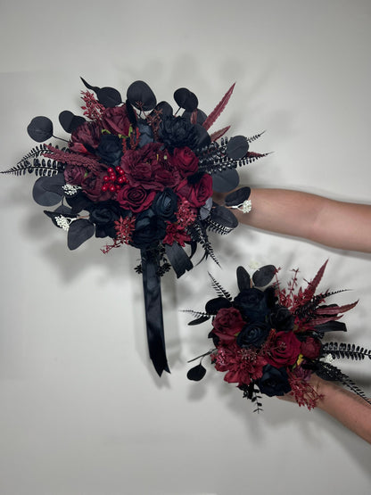 Wedding Bouquet Black Burgundy Bridal Wedding Gothic Gold Halloween Bouquet Black Decor Burgundy Handmade Artificial Flower  Bridesmaids