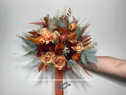 Wedding Bouquet Terracotta Rust Burgundy Burnt Orange Bouquet Bridal Fall Eucalyptus Baby Breath Rose Pampas Grass Artificial Flower Dried