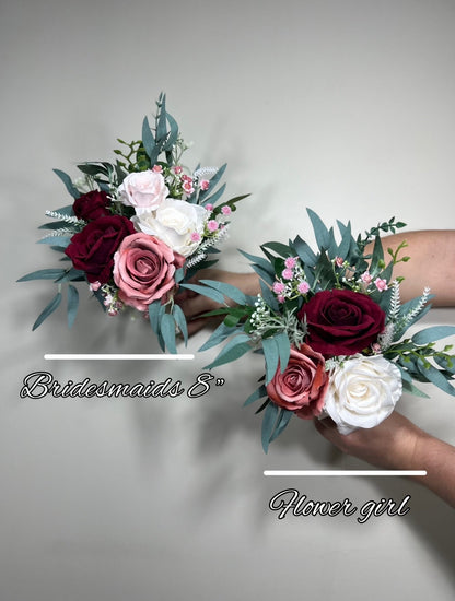 Wedding Bouquet Burgundy Bridal Wedding Rustic Bouquet Dusty Rose Bridesmaids Decor Eucalyptus Handmade Pink Wild Flower Artificial Flower