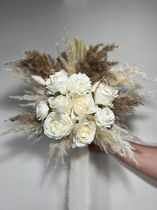 Wedding Bouquet White Boho Bridal Ivory Bouquet Pampas Grass Bridesmaids Decor Palms Leaves Handmade Ivory Artificial Flower Dried