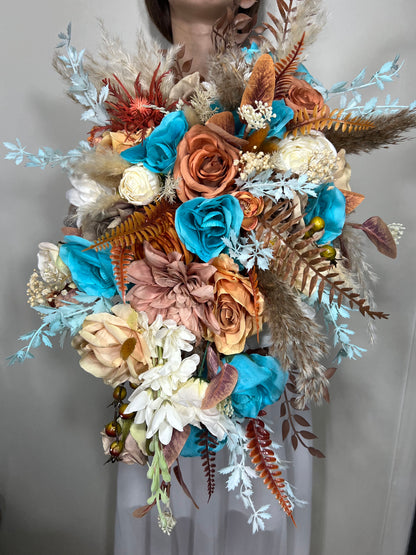 Wedding Bouquet Terracotta Turquoise Cascade Boho Bridal Rust Wedding Cascading Burnt Orange Cinnamon Decor Artificial Flower Fall