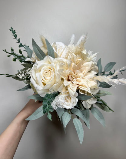 Wedding Bouquet Ivory Bridal Cream Bouquet Champagne Classic Sage Eucalyptus Greenery Bridesmaids Bouquet White Hydrangea Artificial Flowers