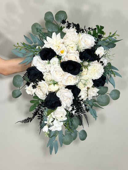 Wedding White Bouquet Cascade Black Bridesmaids Bridal Cascading Bouquet Wedding Bouquet Ivory Decor Eucalyptus  Sage Flower Artificial