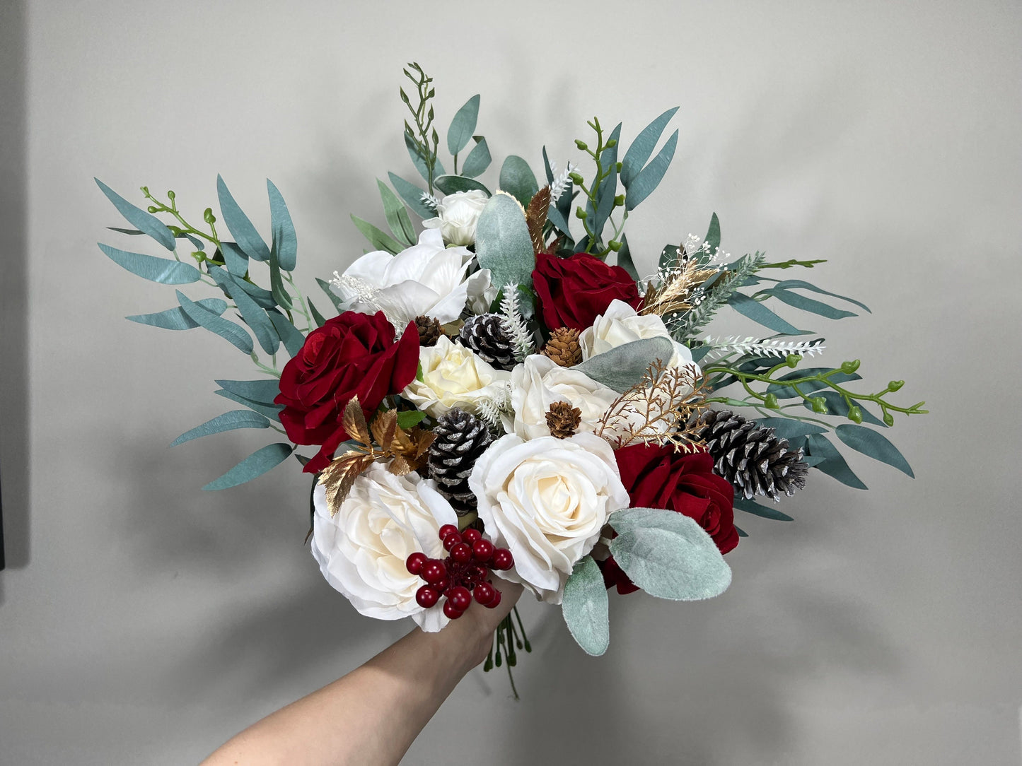 Wedding Bouquet Red Winter Christmas Bridal Ivory Rustic Bridesmaids Decor Gold Christmas Tree Snow Pine Cone Red Berries Artificial