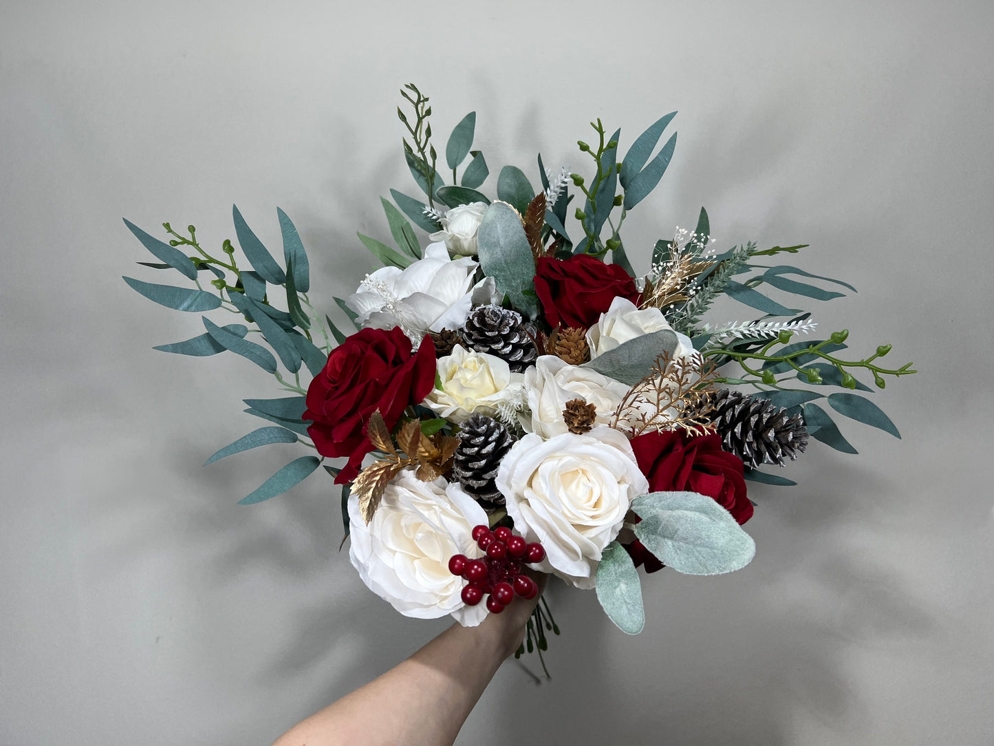 Wedding Bouquet Red Winter Christmas Bridal Ivory Rustic Bridesmaids Decor Gold Christmas Tree Snow Pine Cone Red Berries Artificial