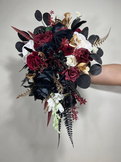 Wedding Cascade Bouquet Burgundy Black White Halloween Bridesmaid Bridal Cascading Bouquet Gothic Wedding Gold Bouquet Flower Artificial