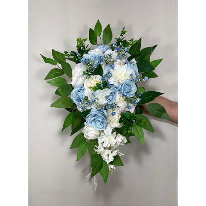 Wedding Bouquet Cascade Blue White Bridesmaids Baby Blue Bridal Cascading Sky Blue Dusty Bouquet Eucalyptus Baby Breath Artificial Flower