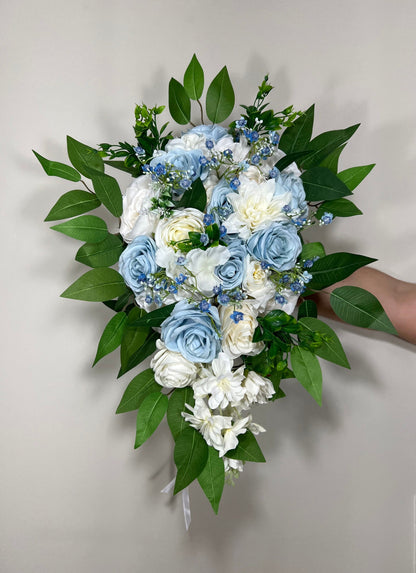 Wedding Bouquet Cascade Blue White Bridesmaids Baby Blue Bridal Cascading Sky Blue Dusty Bouquet Eucalyptus Baby Breath Artificial Flower