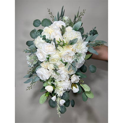 Wedding Bouquet Cascade White Bridal  Bridesmaids Cascading Bouquet Wedding Bouquet Ivory Decor Eucalyptus Greenety Sage Flower Artificial