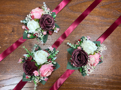 Wedding Corsage Burgundy Dusty Rose Wedding Wrist White Corsage Bridesmaids Decor Corsage Bridal Ivory Accessories Artificial Flowers