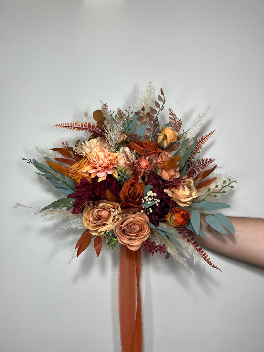 Wedding Bouquet Terracotta Rust Burgundy Burnt Orange Bouquet Bridal Fall Eucalyptus Baby Breath Rose Pampas Grass Artificial Flower Dried