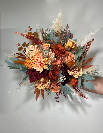 Wedding Bouquet Terracotta Rust Burgundy Burnt Orange Bouquet Bridal Fall Eucalyptus Baby Breath Rose Pampas Grass Artificial Flower Dried