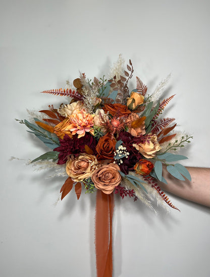 Wedding Bouquet Terracotta Rust Burgundy Burnt Orange Bouquet Bridal Fall Eucalyptus Baby Breath Rose Pampas Grass Artificial Flower Dried