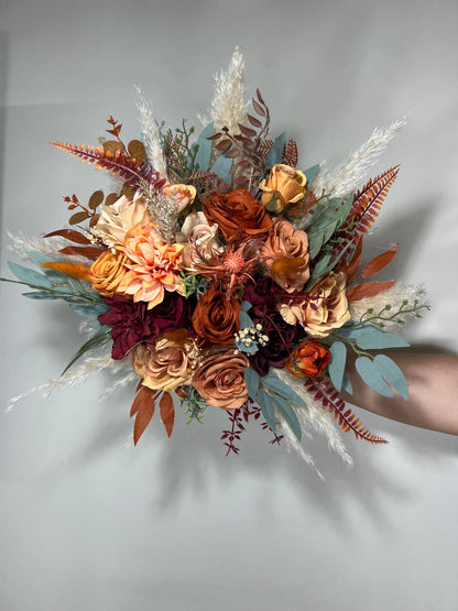 Wedding Bouquet Terracotta Rust Burgundy Burnt Orange Bouquet Bridal Fall Eucalyptus Baby Breath Rose Pampas Grass Artificial Flower Dried