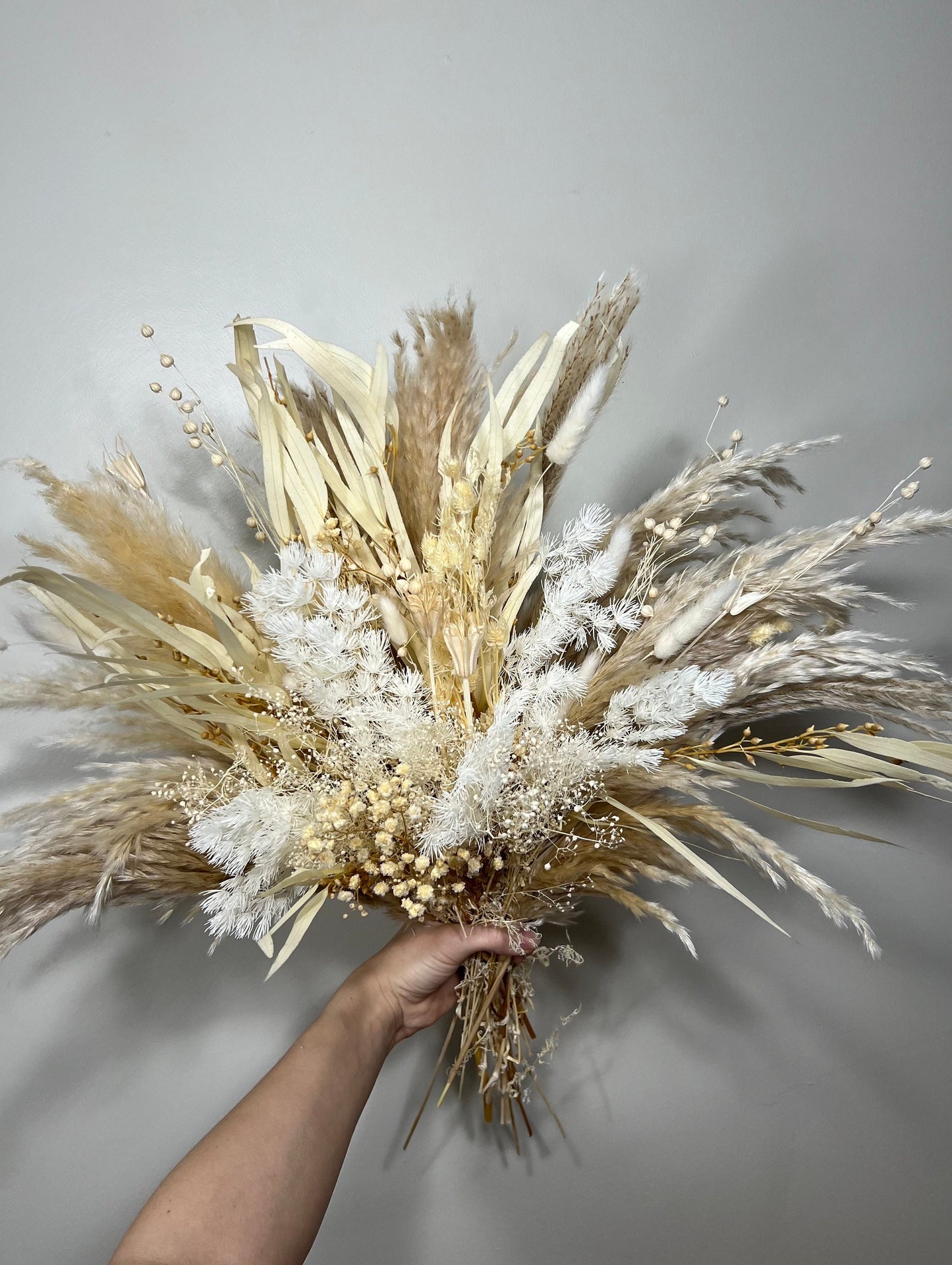 Wedding White Bridal Bouquet Boho Bouquet Bridesmaids Ivory Natural Baby Breath Bunny Tails Bouquet Pampas Grass Palms Leaves Dried Flowers