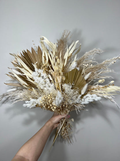 Wedding White Bridal Bouquet Boho Bouquet Bridesmaids Ivory Natural Baby Breath Bunny Tails Bouquet Pampas Grass Palms Leaves Dried Flowers