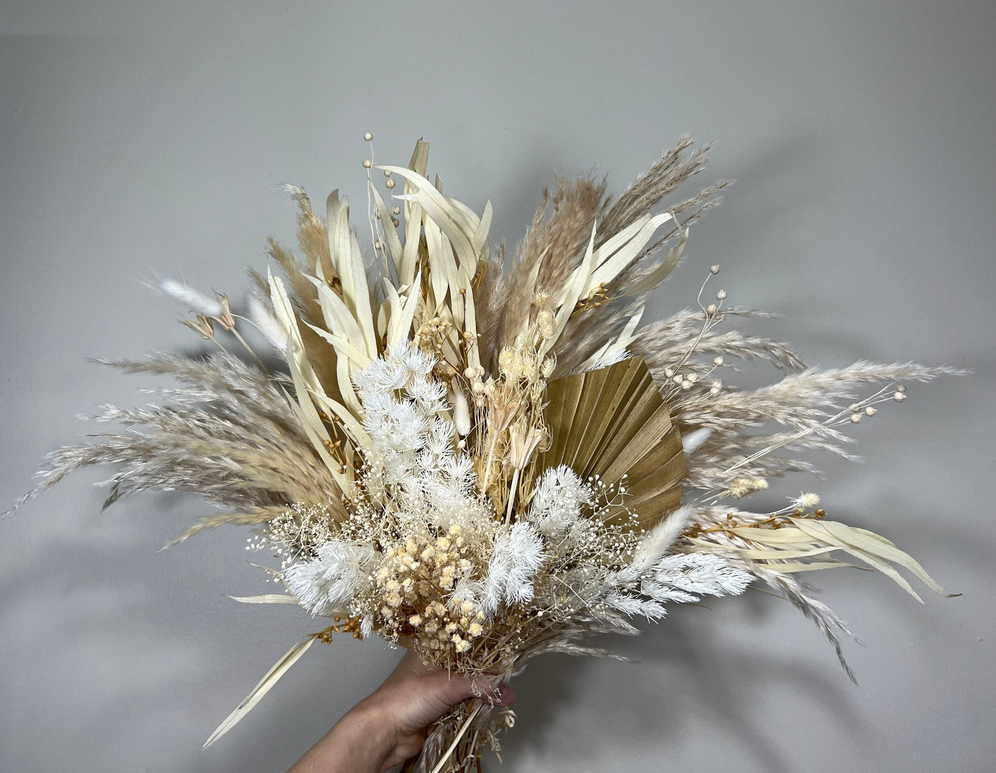 Wedding White Bridal Bouquet Boho Bouquet Bridesmaids Ivory Natural Baby Breath Bunny Tails Bouquet Pampas Grass Palms Leaves Dried Flowers