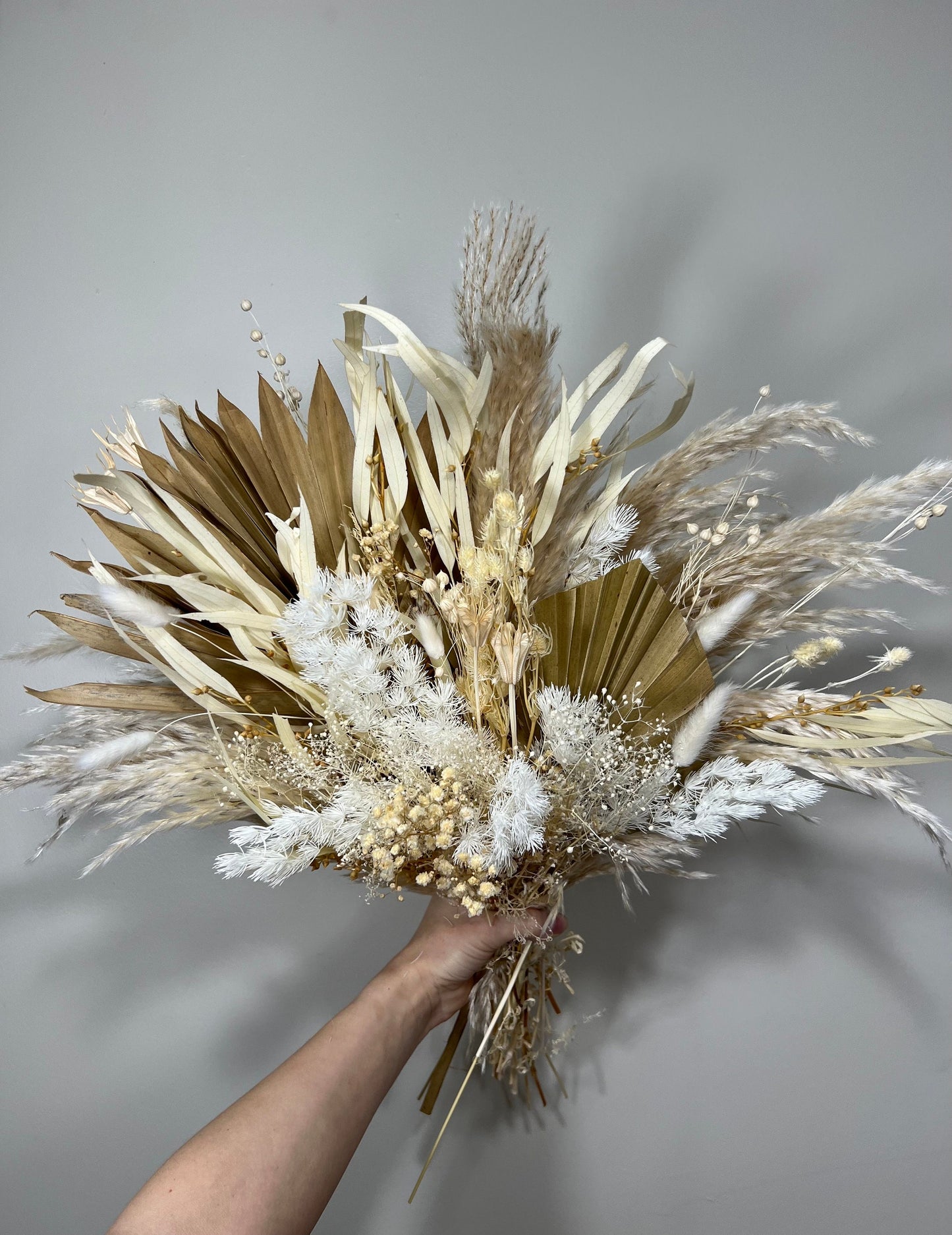 Wedding White Bridal Bouquet Boho Bouquet Bridesmaids Ivory Natural Baby Breath Bunny Tails Bouquet Pampas Grass Palms Leaves Dried Flowers