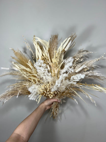 Wedding White Bridal Bouquet Boho Bouquet Bridesmaids Ivory Natural Baby Breath Bunny Tails Bouquet Pampas Grass Palms Leaves Dried Flowers