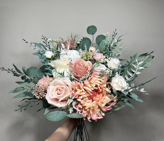 Wedding Bouquet Dusty Rose Bridal Blush Dahlia Wedding Bouquet Ivory Bridesmaids Decor Eucalyptus Pink Flower White Spring Artificial Flower