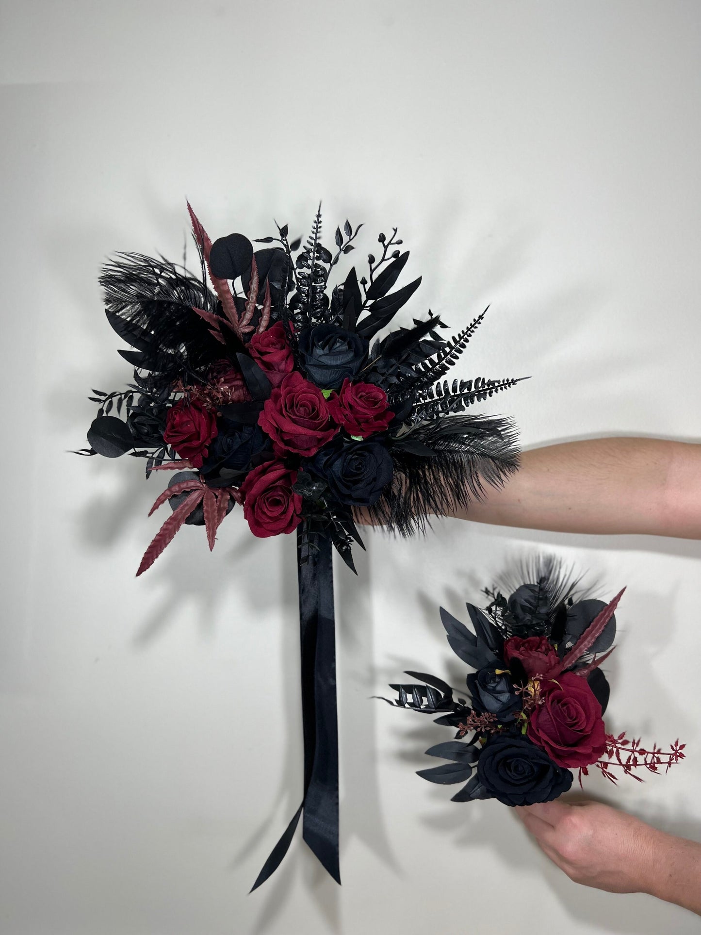 Wedding Bouquet Black Ostrich Feathers Burgundy Bridal Gothic Wedding Halloween Bouquet Bridesmaids Black Decor Burgundy Artificial Flowers