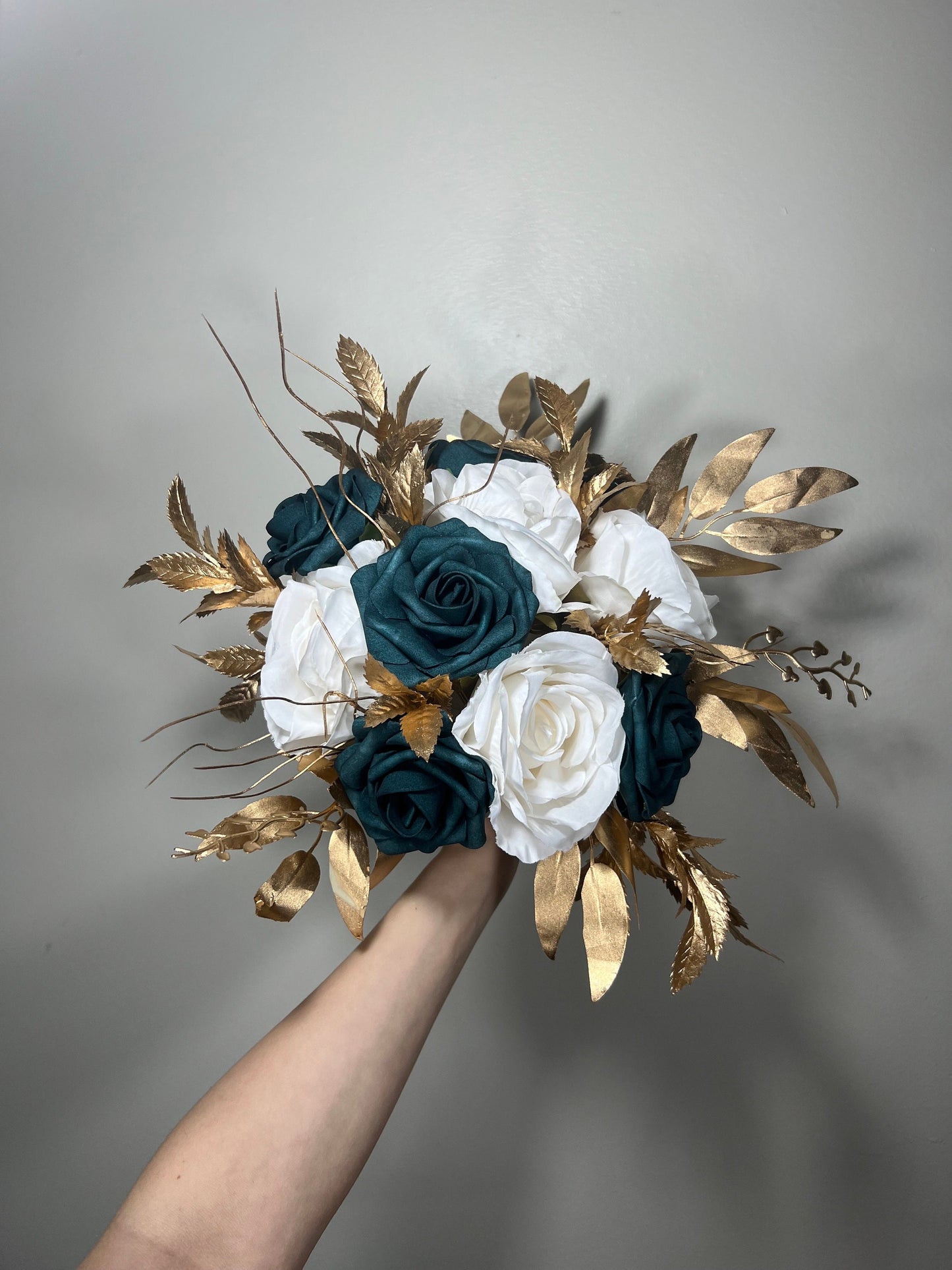 Wedding Teal Blue Bouquet White Bridal Turquoise Bridesmaids Bouquet Gold Teal Ivory Artificial Flowers Emerland Green Bouquet Dark Teal