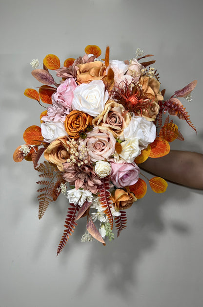 Wedding Cascade Bouquet White Terracotta Bridal Cascading Boho Pink Bouquet Wedding Burnt Orange Bridesmaids Decor Flower Artificial Fall