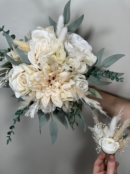 Wedding Bouquet Ivory Bridal Cream Bouquet Champagne Classic Sage Eucalyptus Greenery Bridesmaids Bouquet White Hydrangea Artificial Flowers