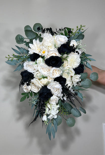 Wedding White Bouquet Cascade Black Bridesmaids Bridal Cascading Bouquet Wedding Bouquet Ivory Decor Eucalyptus  Sage Flower Artificial