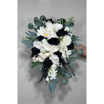 Wedding White Bouquet Cascade Black Bridesmaids Bridal Cascading Bouquet Wedding Bouquet Ivory Decor Eucalyptus  Sage Flower Artificial