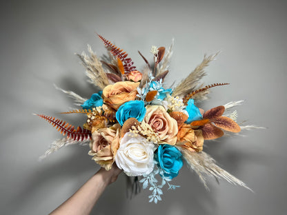 Wedding Turquoise Bouquet Terracotta Boho Bridal Rust Wedding Teal Cascading Bouquet Burnt Orange Cinnamon Decor Artificial Flower Fall