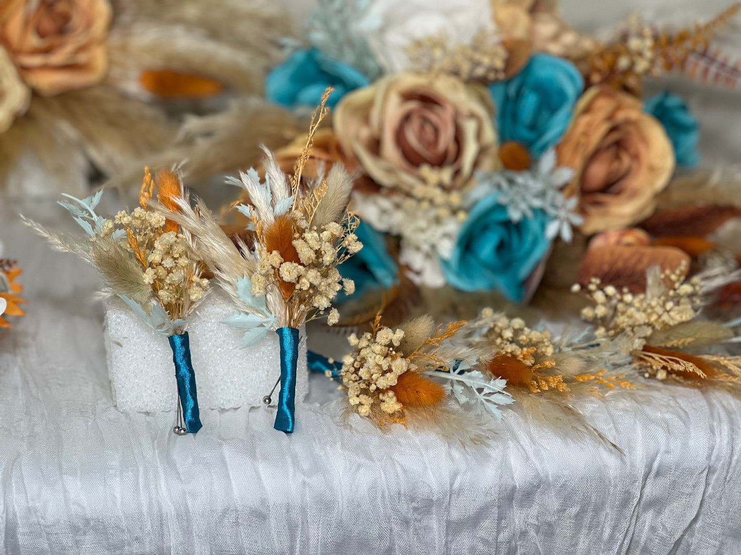 Wedding Turquoise Bouquet Terracotta Boho Bridal Rust Wedding Teal Cascading Bouquet Burnt Orange Cinnamon Decor Artificial Flower Fall