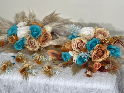 Wedding Turquoise Bouquet Terracotta Boho Bridal Rust Wedding Teal Cascading Bouquet Burnt Orange Cinnamon Decor Artificial Flower Fall