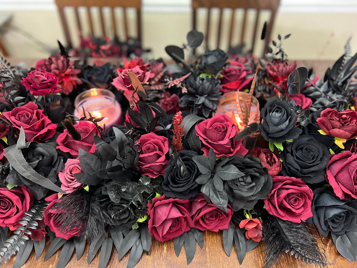 Wedding Sweetheart Table Runner Black Centerpiece Burgundy Candle Fireplace Mantle Ostrich Feathers Gothic Halloween Arch Arrangement Arbor